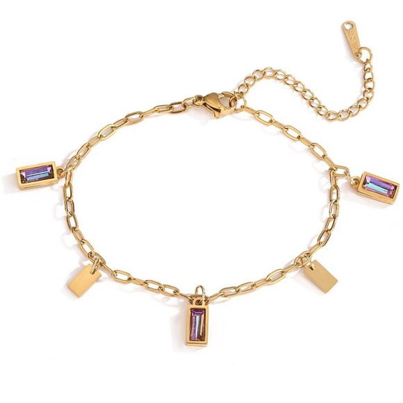 Jewelry - 18K Gold Plated Stainless Steel Geometric Charm Bracelet, Mystic Pink/ Purple